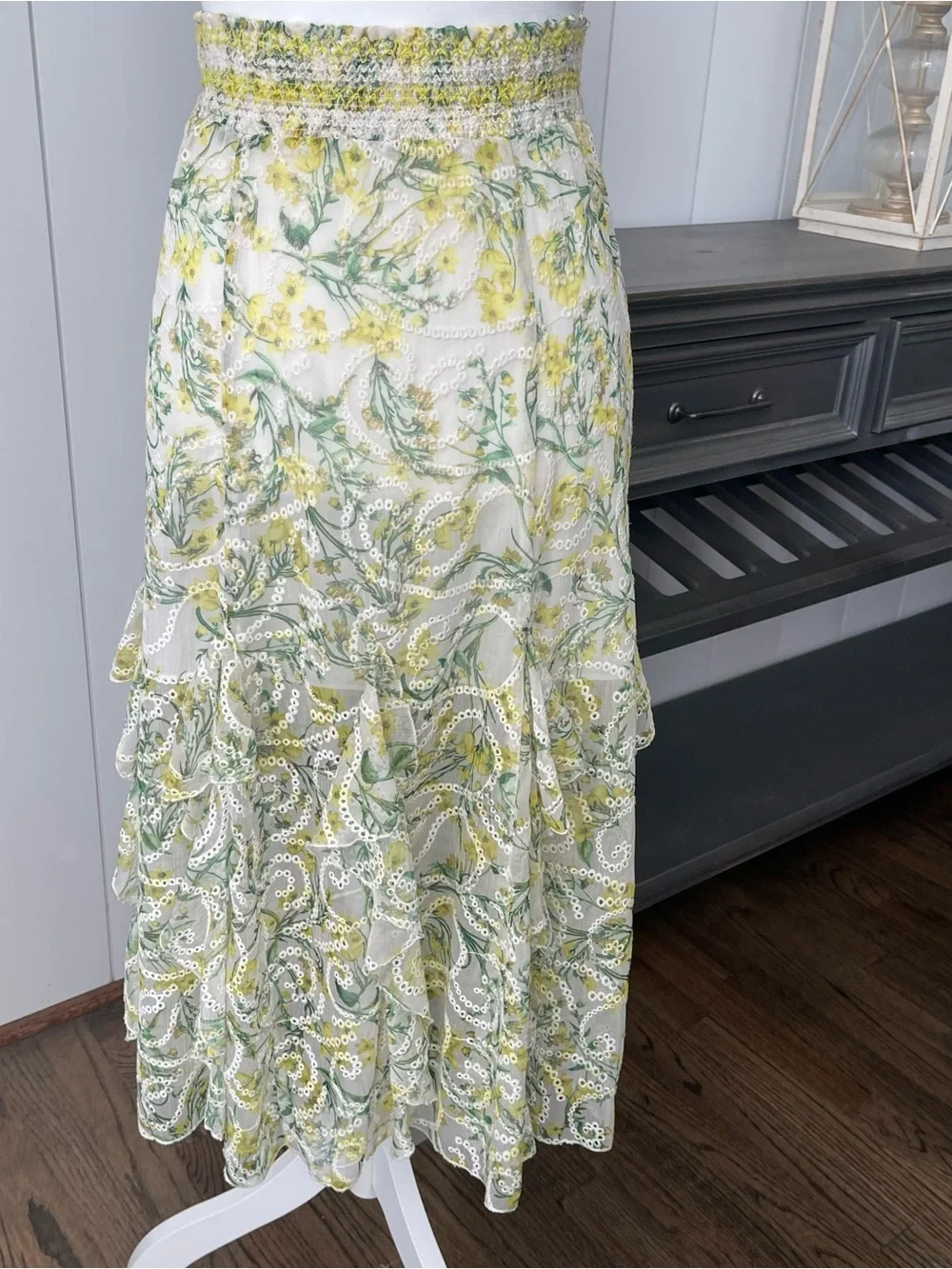 Alice + Olivia Yellow & Green Floral Tiered Lace Maxi Skirt - Picture 1 of 9